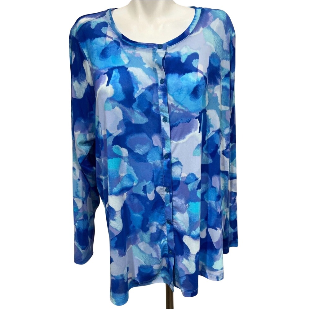 LOGO Lori Goldstein 5X Clarissa Blue Mesh Cardigan Blue Watercolor Abstract Top